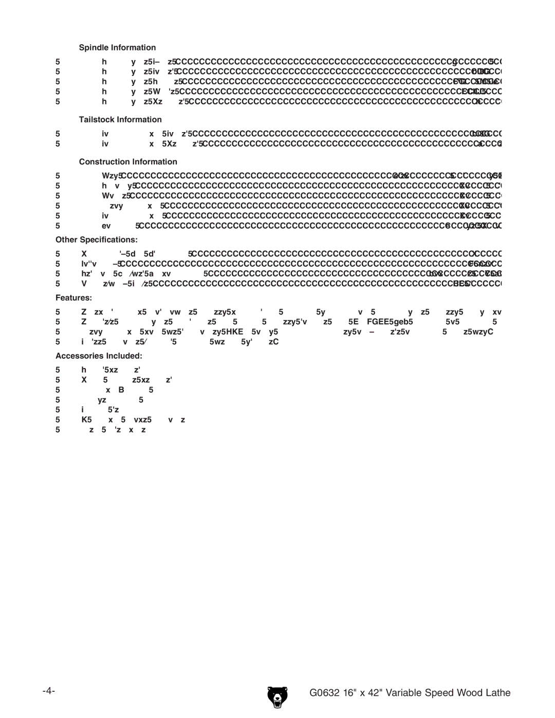 Grizzly owner manual G0632 16 x 42 Variable Speed Wood Lathe 