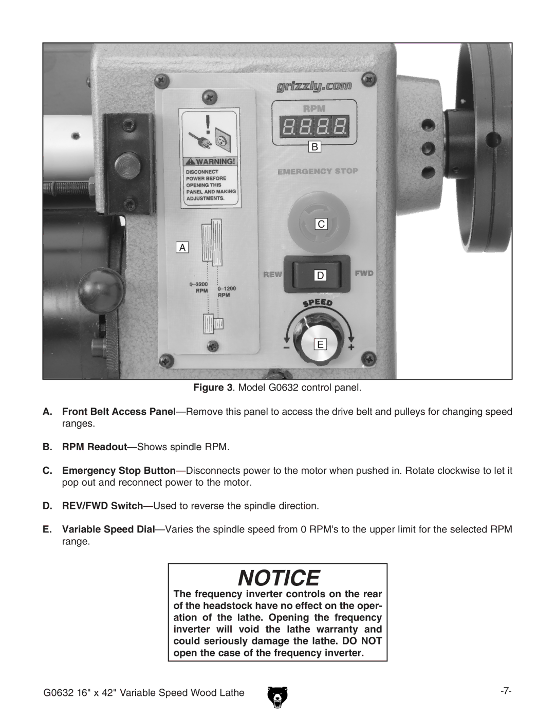 Grizzly owner manual G0632 16 x 42 Variable Speed Wood Lathe 