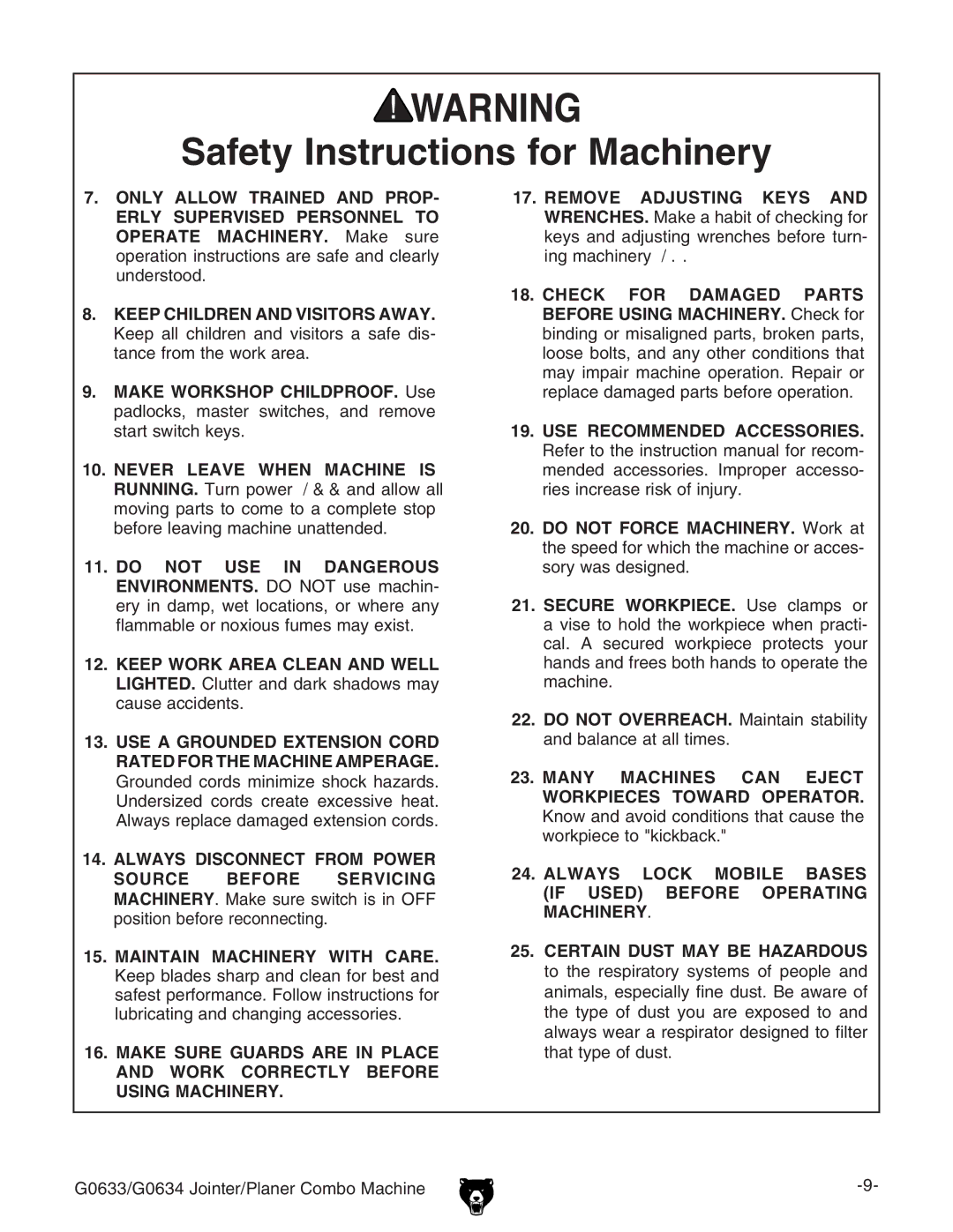 Grizzly owner manual G0633/G0634 Jointer/Planer Combo Machine 