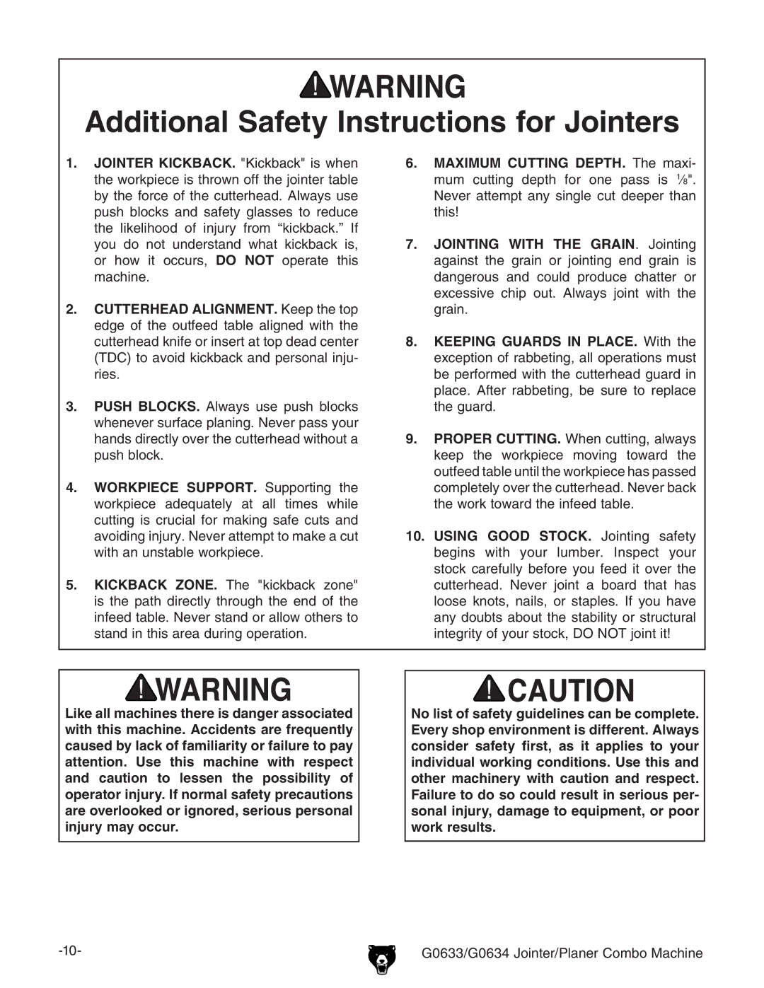 Grizzly G0633/G0634 owner manual Additional Safety Instructions for Jointers 