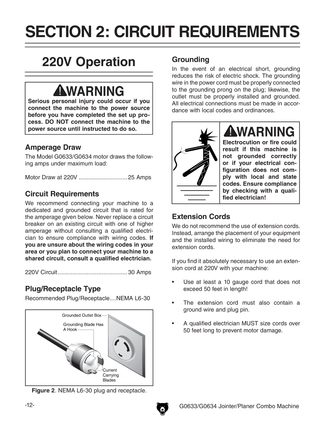 Grizzly G0633/G0634 owner manual Circuit Requirements, 220V Operation 