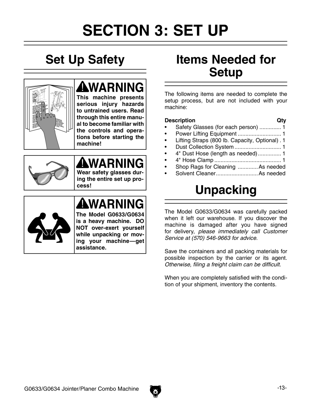 Grizzly G0633/G0634 owner manual Set Up Safety, Items Needed for Setup, Unpacking, Description Qty 