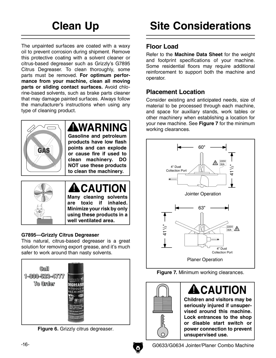 Grizzly G0633/G0634 owner manual Clean Up, Site Considerations, Floor Load, Placement Location 