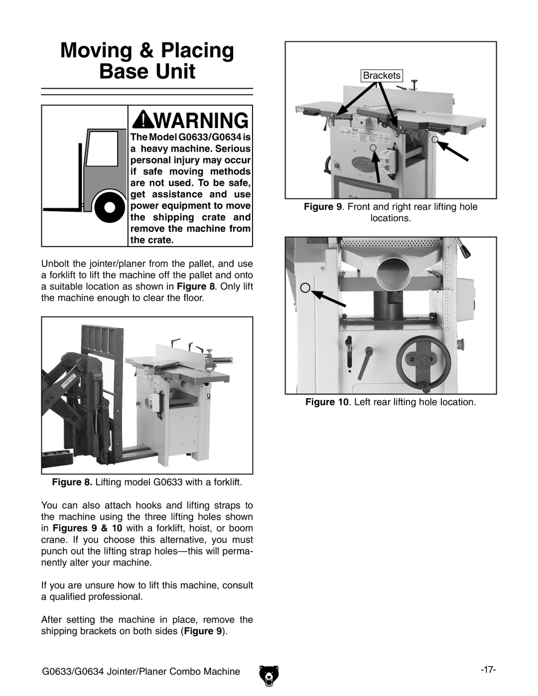 Grizzly G0633/G0634 owner manual Moving & Placing Base Unit, Front and right rear lifting hole Locations 