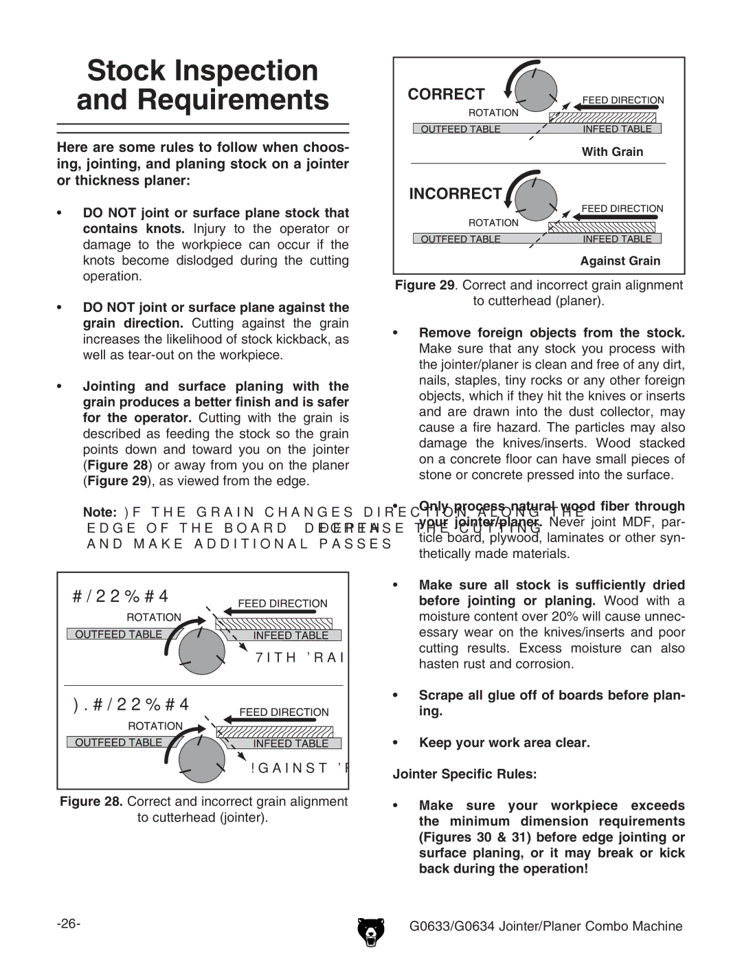 Grizzly G0633/G0634 Stock Inspection and Requirements, Correct and incorrect grain alignment To cutterhead jointer 