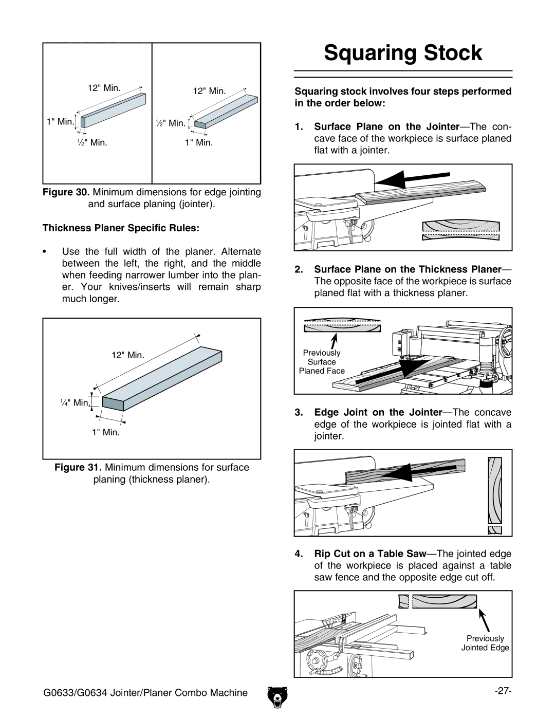 Grizzly G0633/G0634 owner manual Squaring Stock, Thickness Planer Specific Rules 