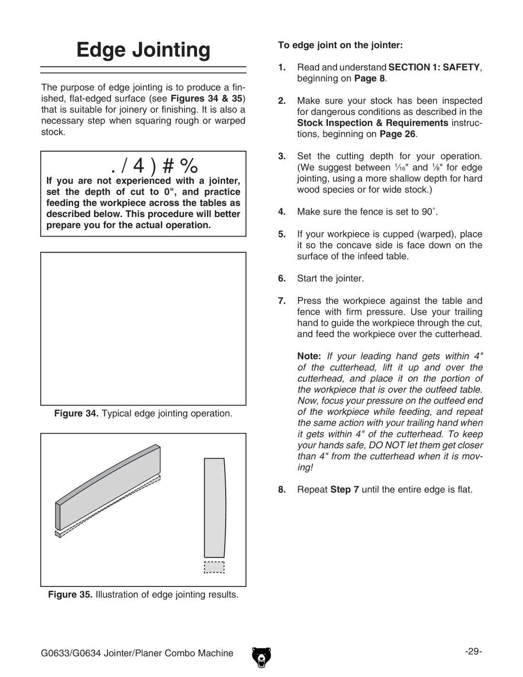 Grizzly G0633/G0634 owner manual Edge Jointing, To edge joint on the jointer 