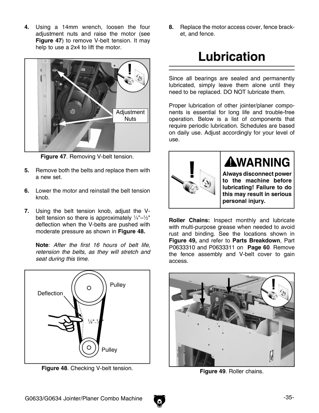 Grizzly G0633/G0634 owner manual Lubrication, Roller chains 