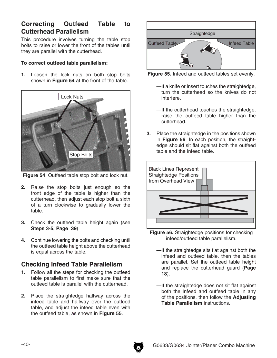 Grizzly G0633/G0634 owner manual Correcting Outfeed Table to Cutterhead Parallelism, Checking Infeed Table Parallelism 
