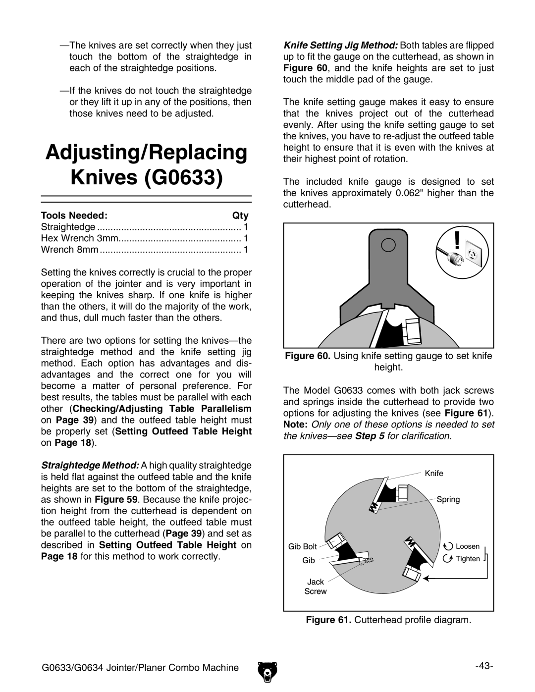 Grizzly G0633/G0634 owner manual Adjusting/Replacing Knives G0633 