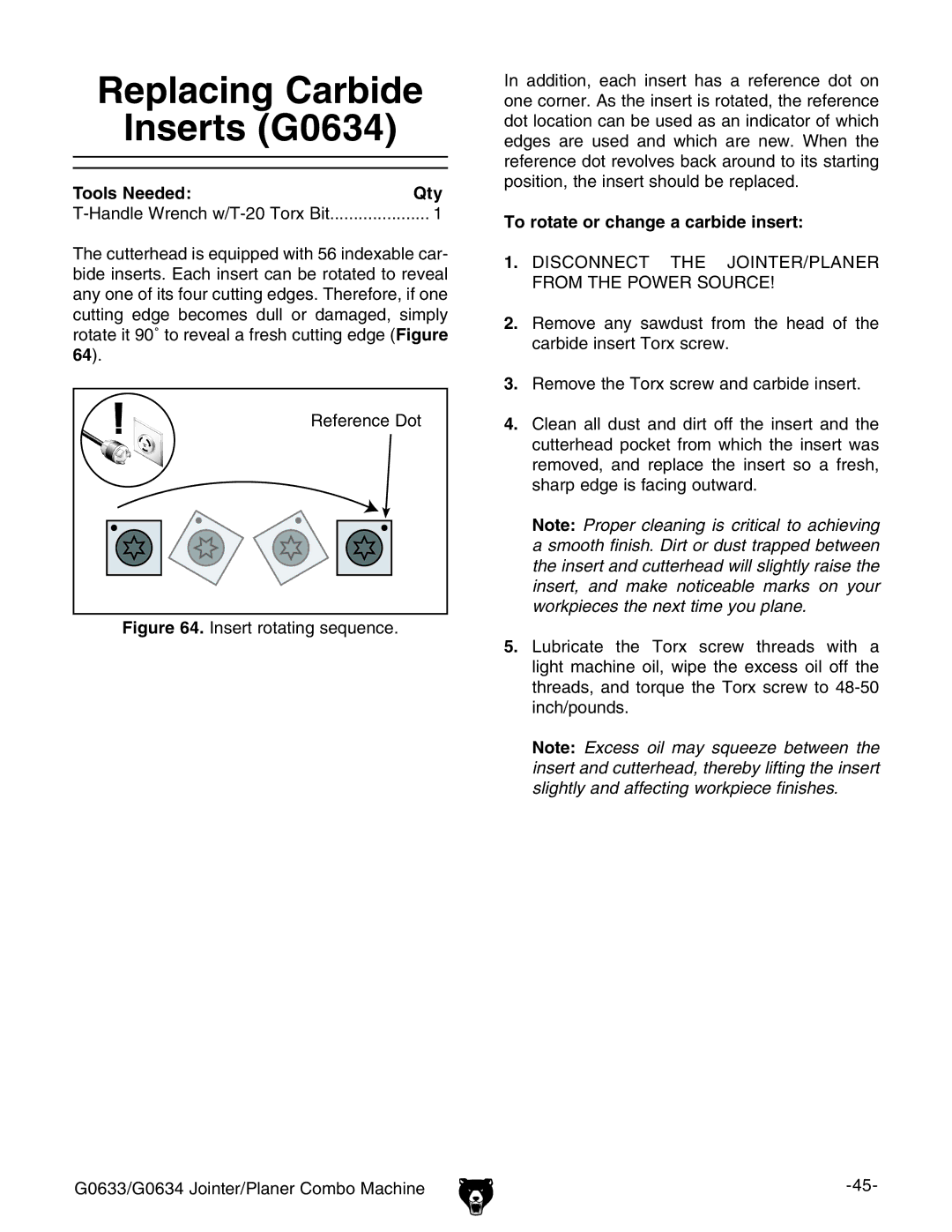 Grizzly G0633/G0634 owner manual Replacing Carbide Inserts G0634, To rotate or change a carbide insert 