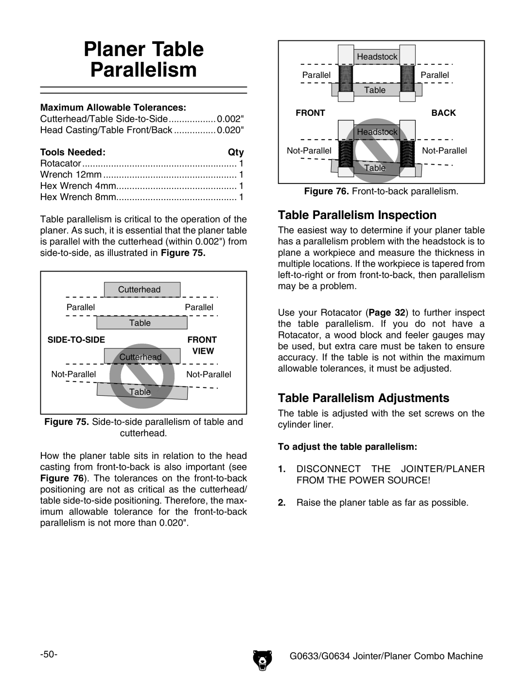 Grizzly G0633/G0634 owner manual Planer Table Parallelism, Table Parallelism Inspection, Table Parallelism Adjustments 