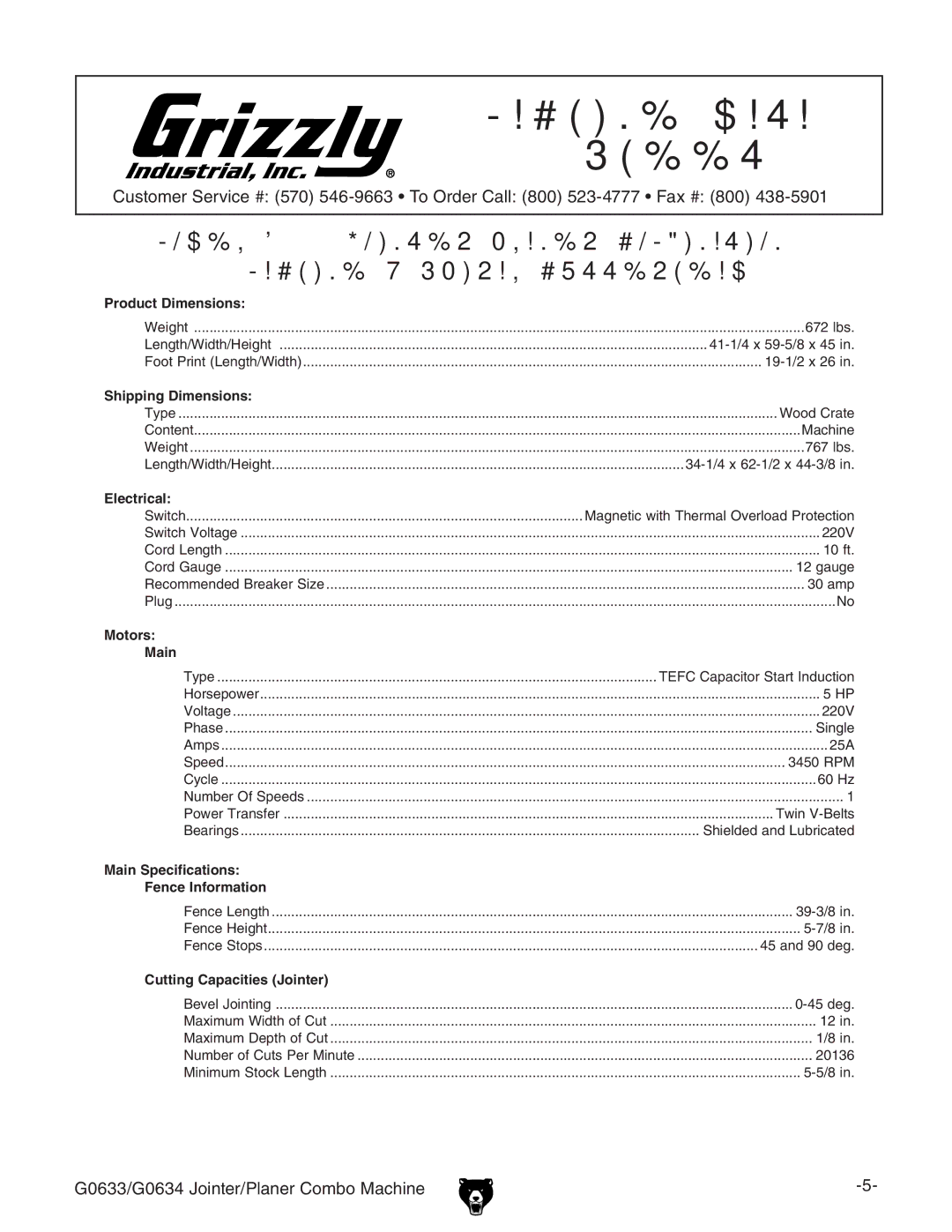 Grizzly owner manual G0633/G0634 Jointer/Planer Combo Machine 