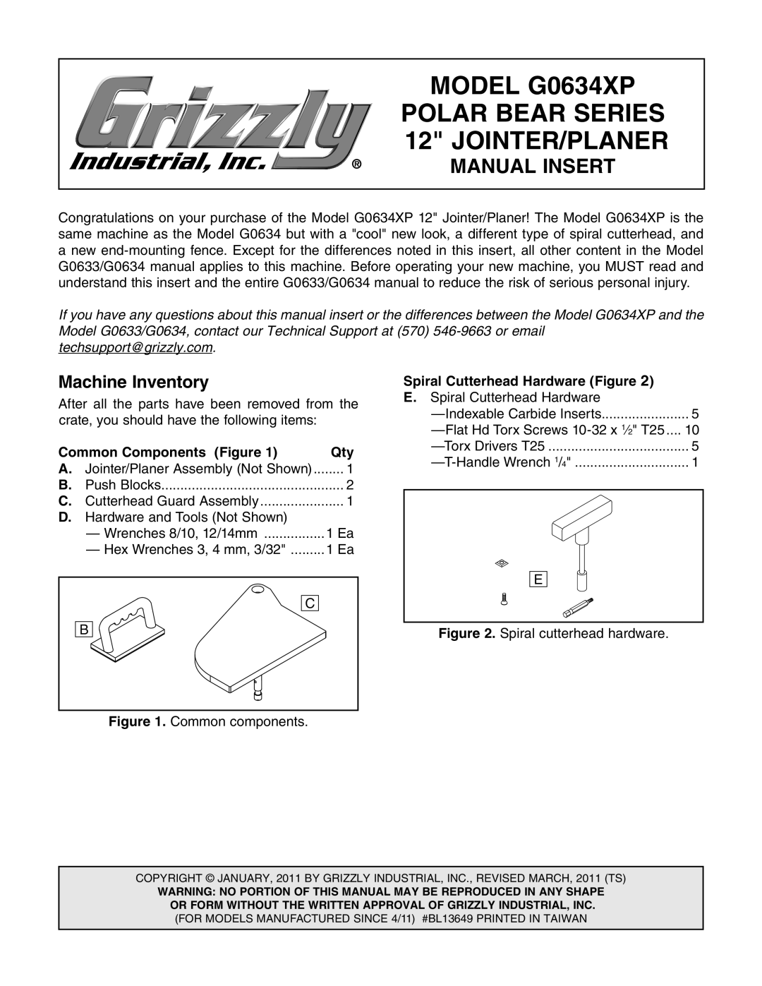 Grizzly G0634XP manual Machine Inventory, Spiral Cutterhead Hardware Figure 