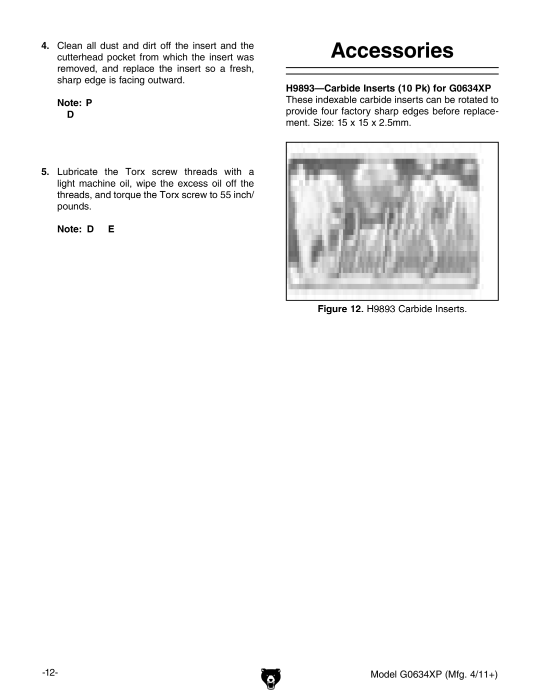 Grizzly manual Accessories, H9893 Carbide Inserts Model G0634XP Mfg /11+ 