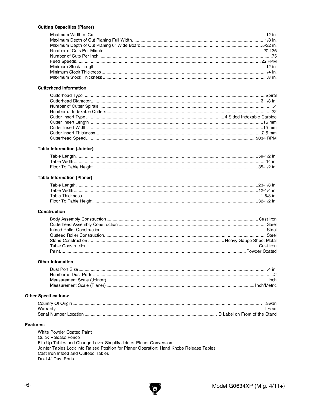 Grizzly G0634XP manual Cutting Capacities Planer 