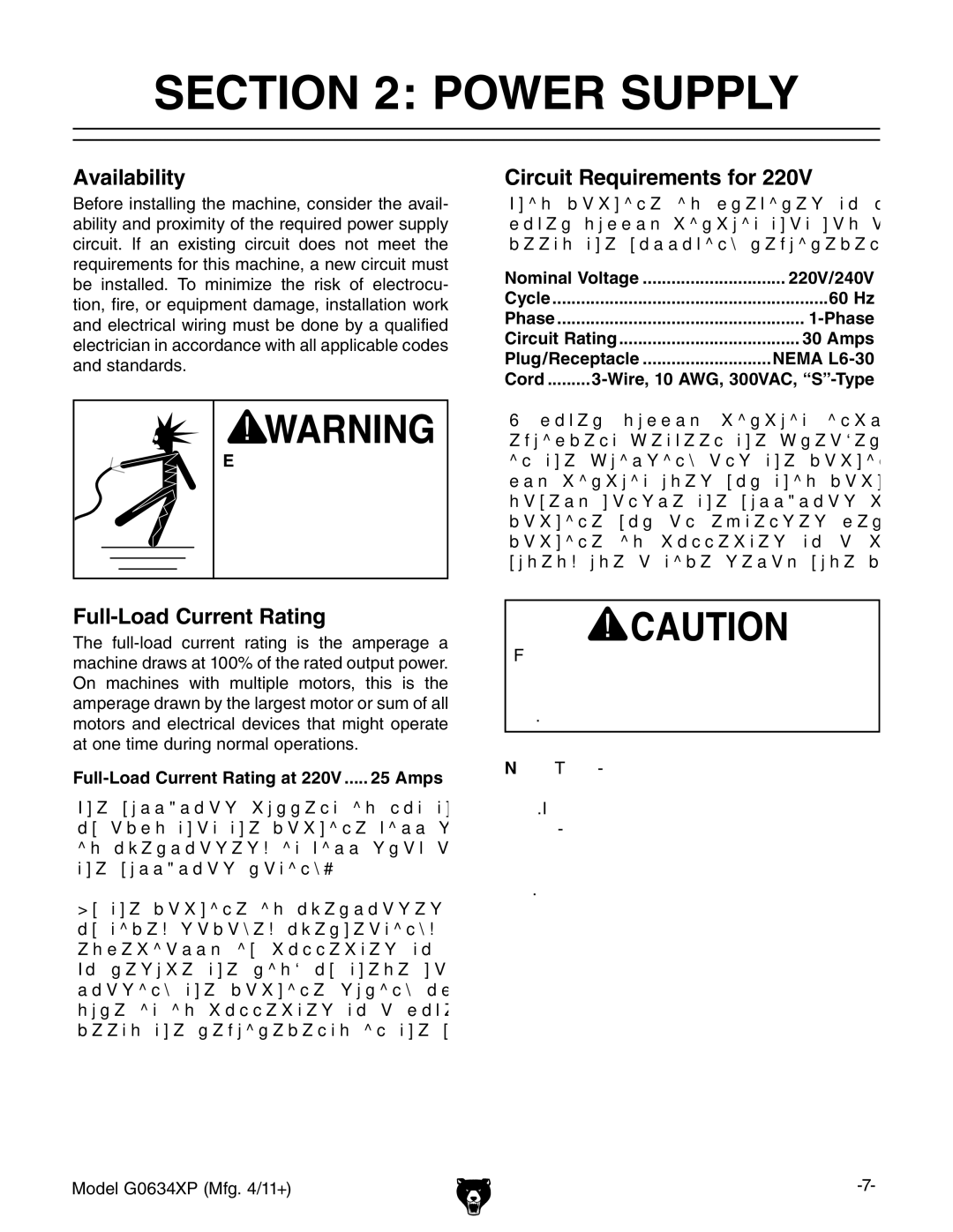 Grizzly G0634XP manual Availability, Full-Load Current Rating, Circuit Requirements for 