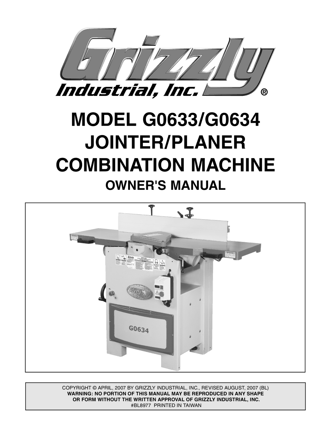 Grizzly G0634Z manual JOINTER/PLANER Combination Machine 