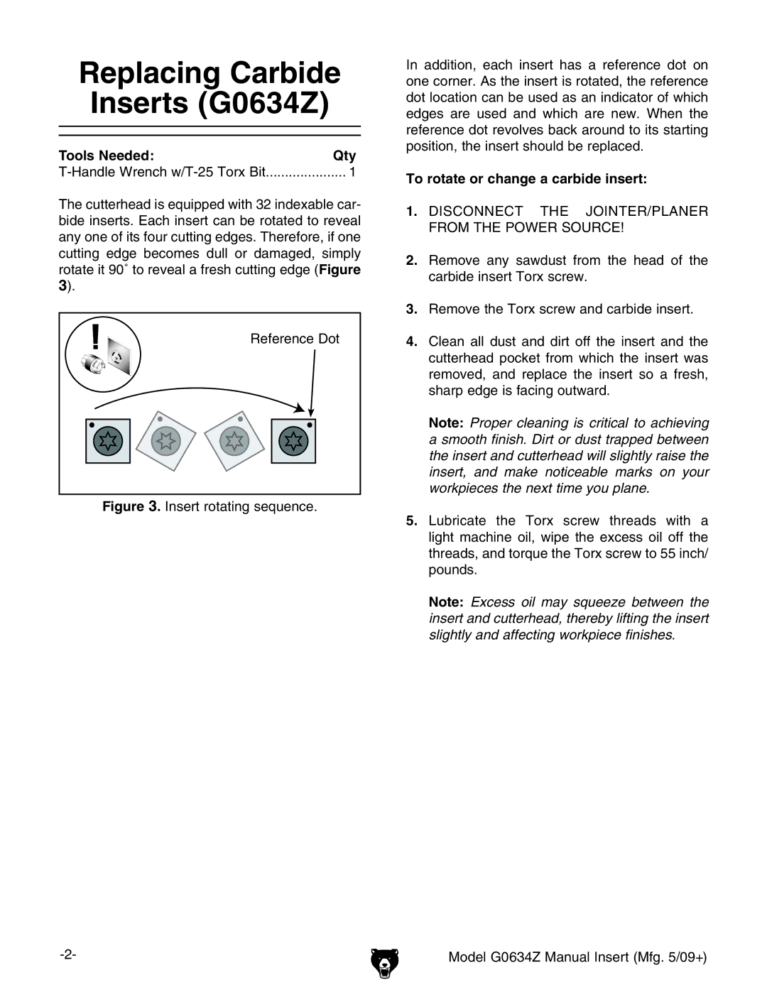 Grizzly manual Replacing Carbide Inserts G0634Z, Tools Needed Qty, To rotate or change a carbide insert 