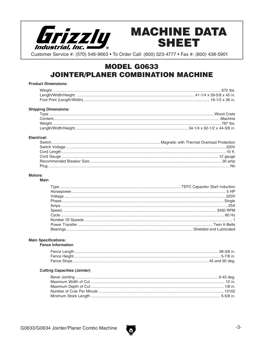 Grizzly G0634Z manual G0633/G0634 Jointer/Planer Combo Machine 