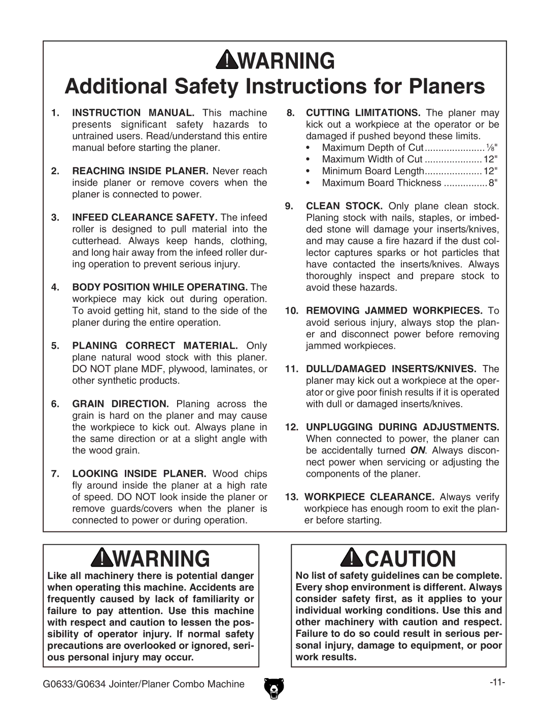 Grizzly G0634Z manual Additional Safety Instructions for Planers 