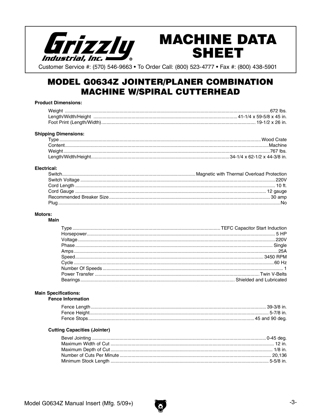 Grizzly G0634Z manual Machine Data Sheet 