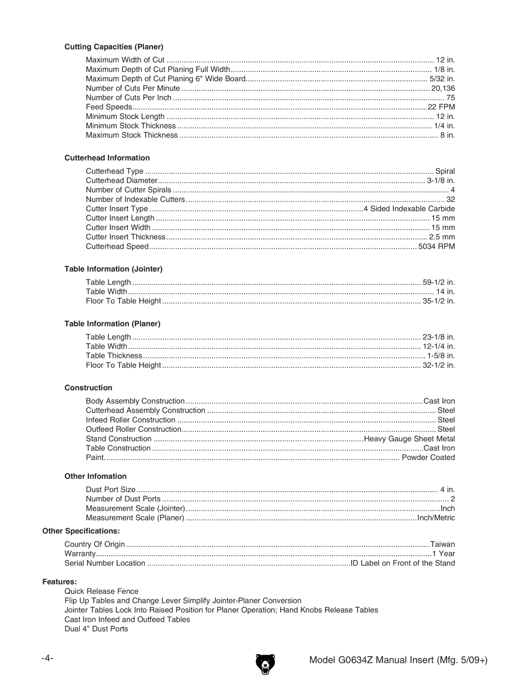 Grizzly G0634Z manual Cutting Capacities Planer 