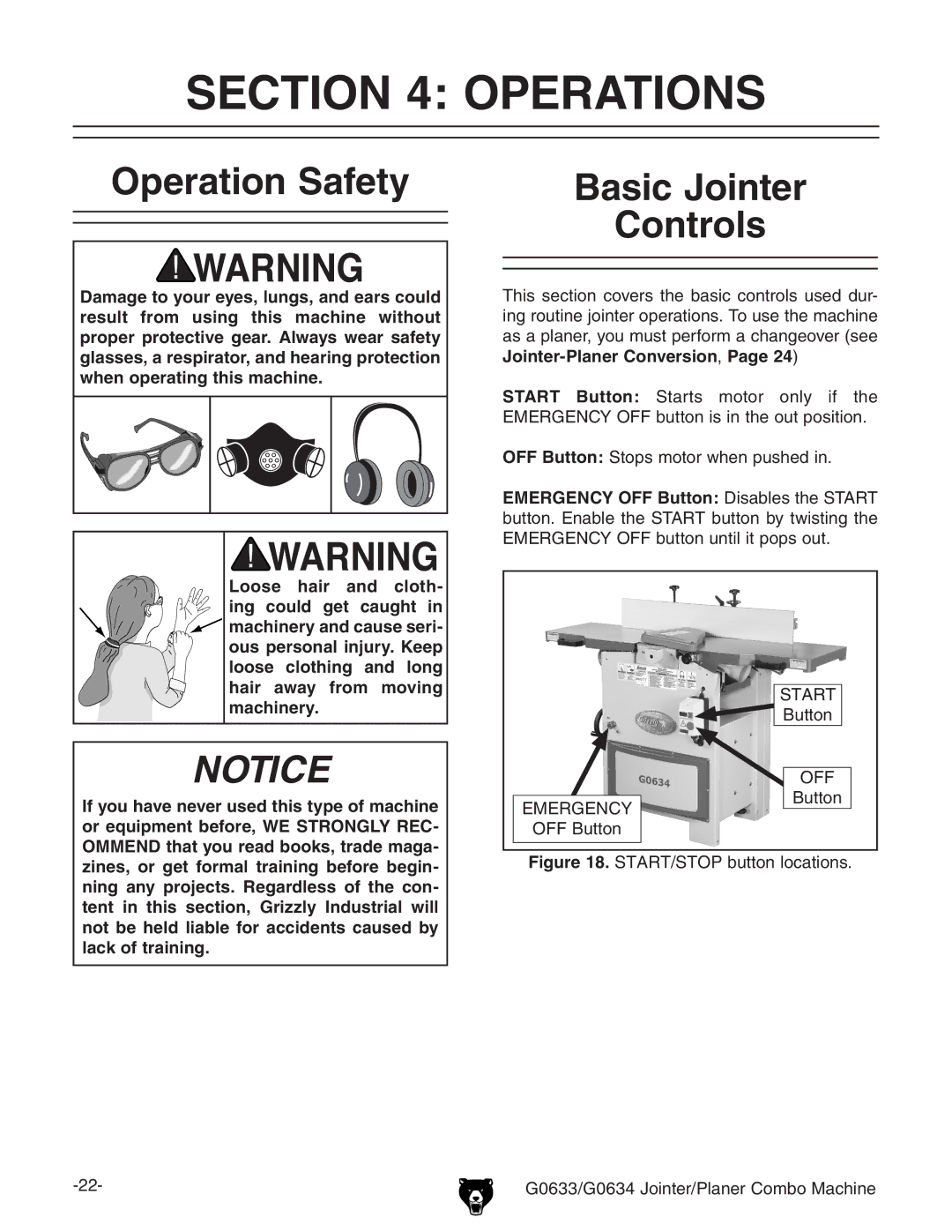 Grizzly G0634Z manual Operations, Operation Safety 