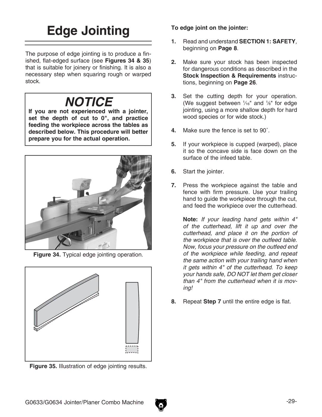 Grizzly G0634Z manual Edge Jointing, To edge joint on the jointer 