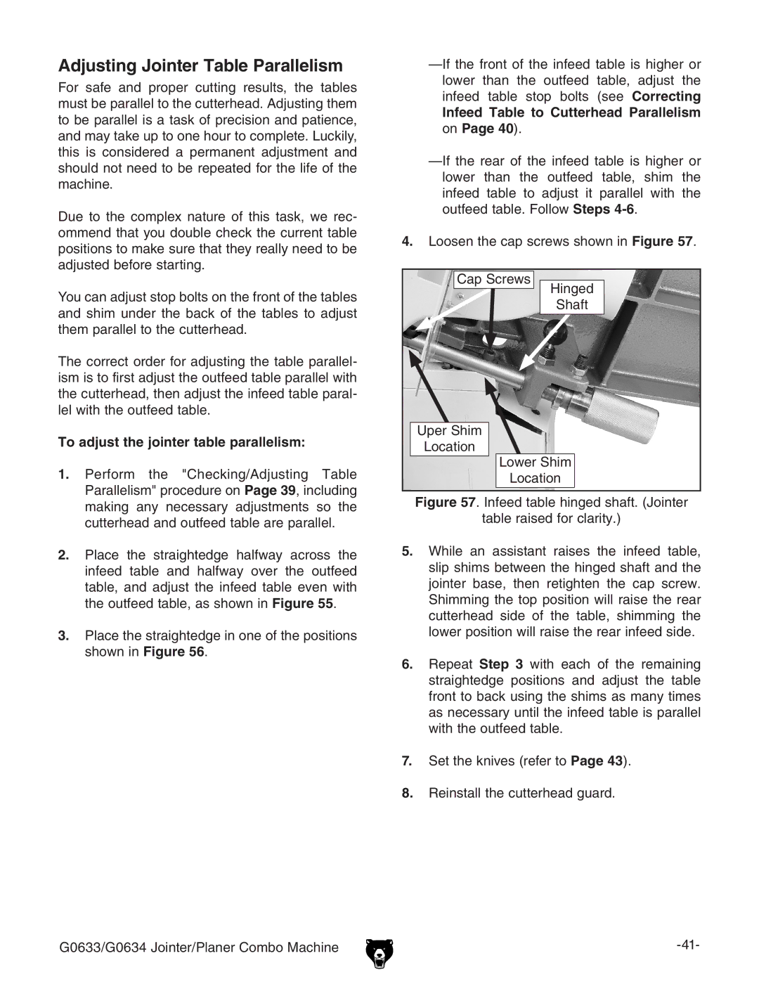 Grizzly G0634Z manual Adjusting Jointer Table Parallelism, To adjust the jointer table parallelism 