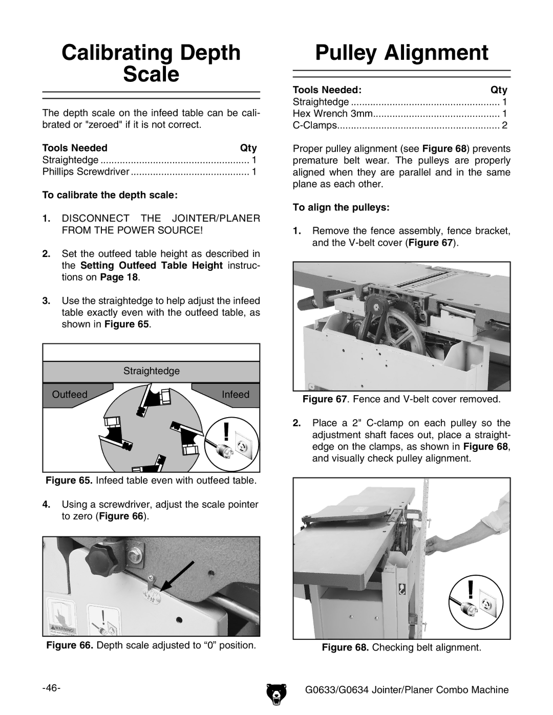 Grizzly G0634Z manual Calibrating Depth Scale, Pulley Alignment, To calibrate the depth scale, To align the pulleys 