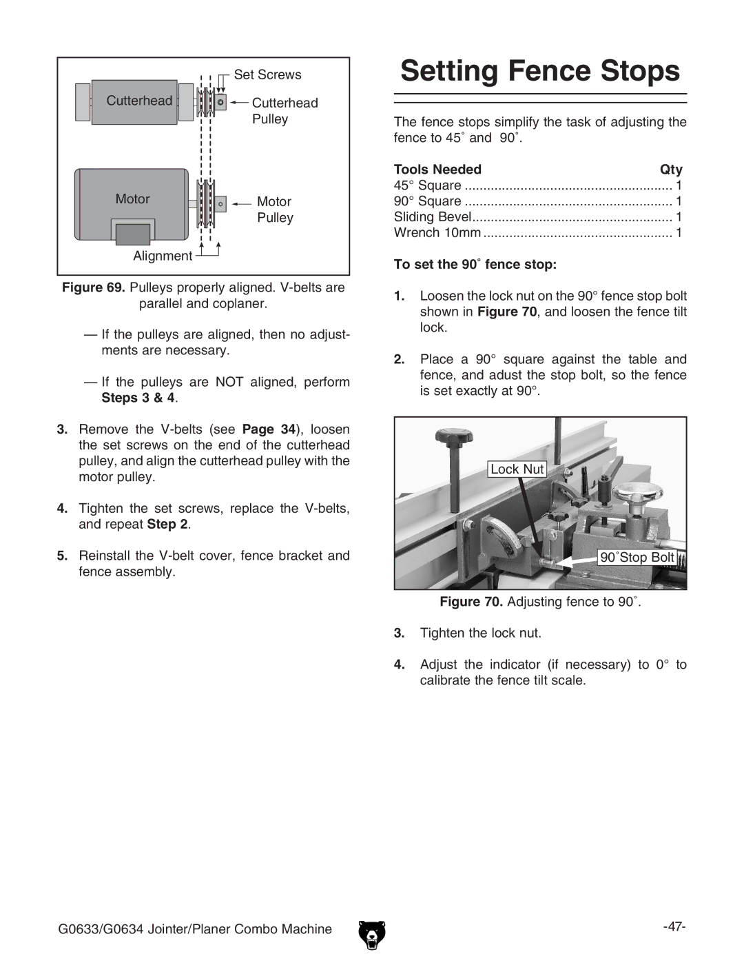 Grizzly G0634Z manual Setting Fence Stops, To set the 90˚ fence stop 