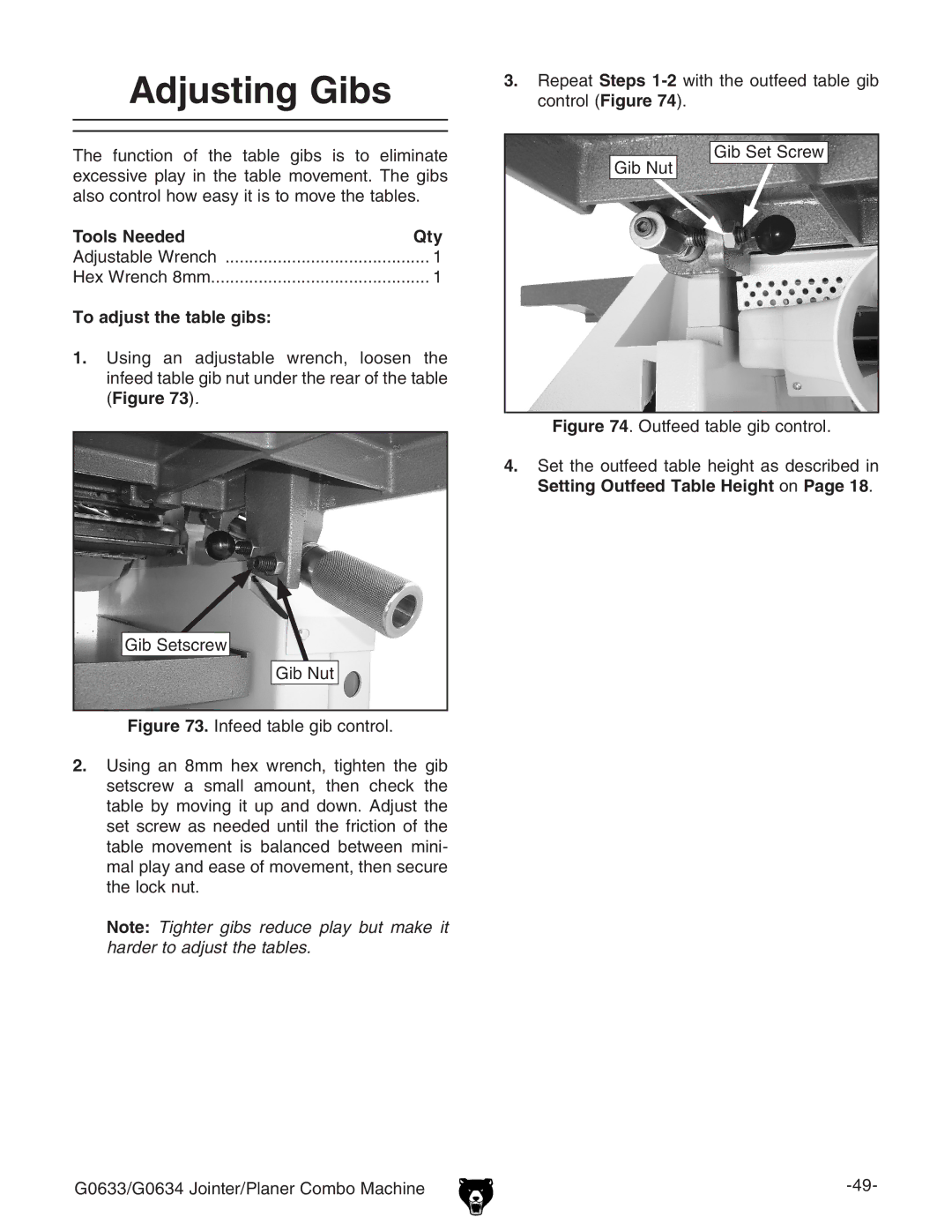 Grizzly G0634Z manual Adjusting Gibs, To adjust the table gibs 