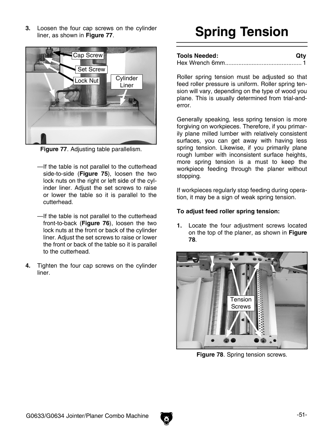 Grizzly G0634Z manual Spring Tension, To adjust feed roller spring tension 