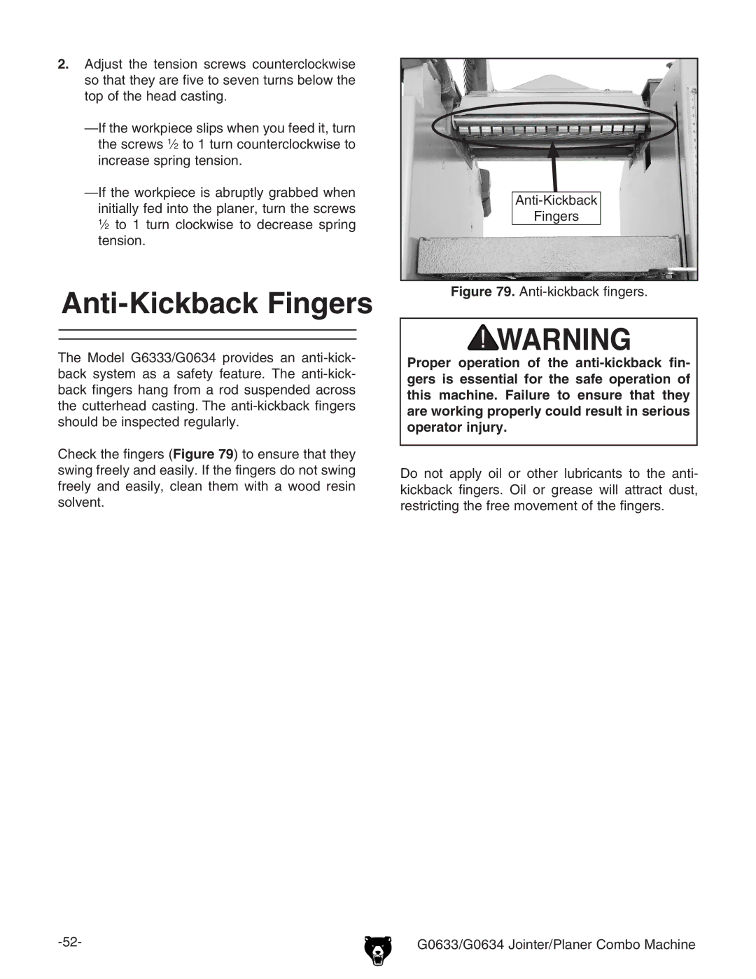 Grizzly G0634Z manual Anti-Kickback Fingers, Anti-kickback fingers 