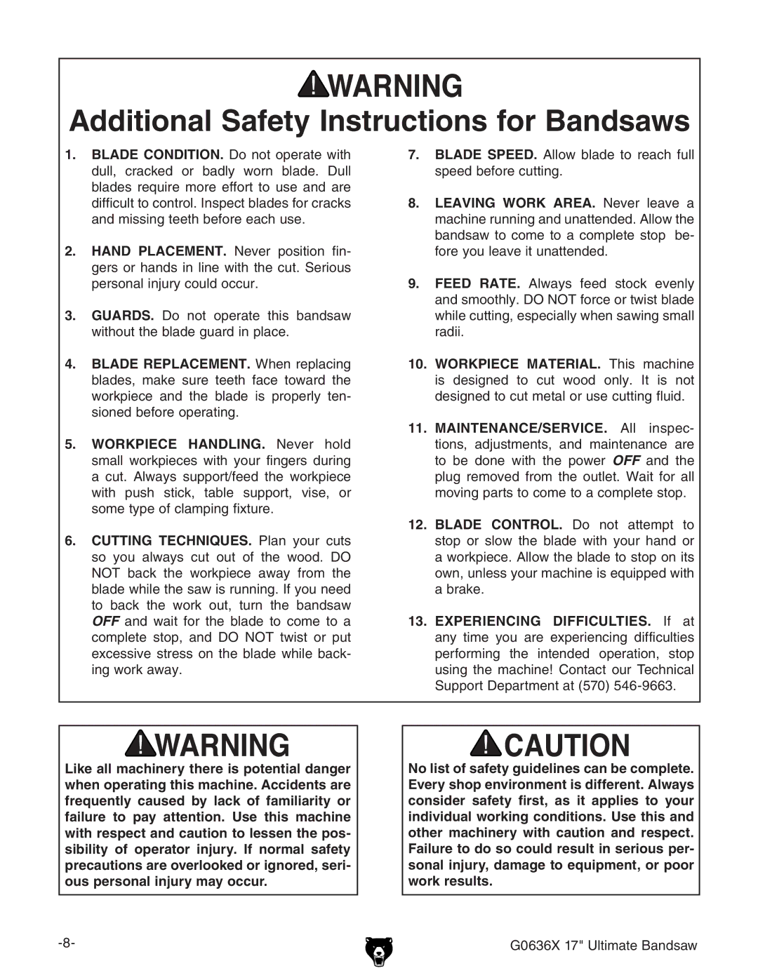 Grizzly G0636X owner manual Additional Safety Instructions for Bandsaws 