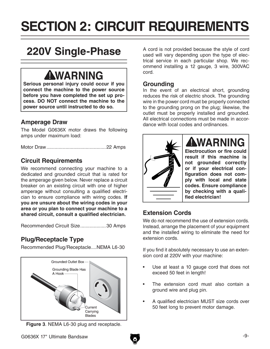 Grizzly G0636X owner manual Circuit Requirements, 220V Single-Phase 