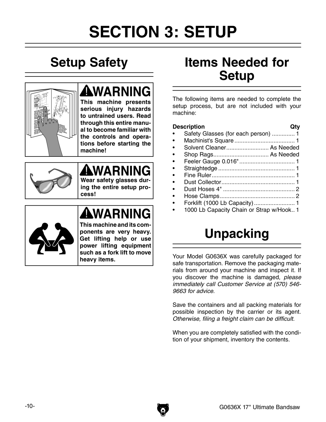 Grizzly G0636X owner manual Setup Safety, Items Needed for Setup, Unpacking, Description Qty 