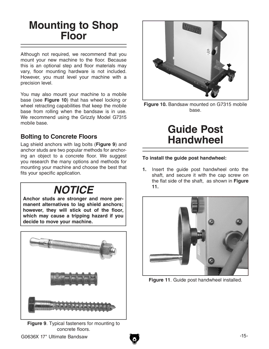 Grizzly G0636X owner manual Mounting to Shop Floor, Guide Post Handwheel, Bolting to Concrete Floors 