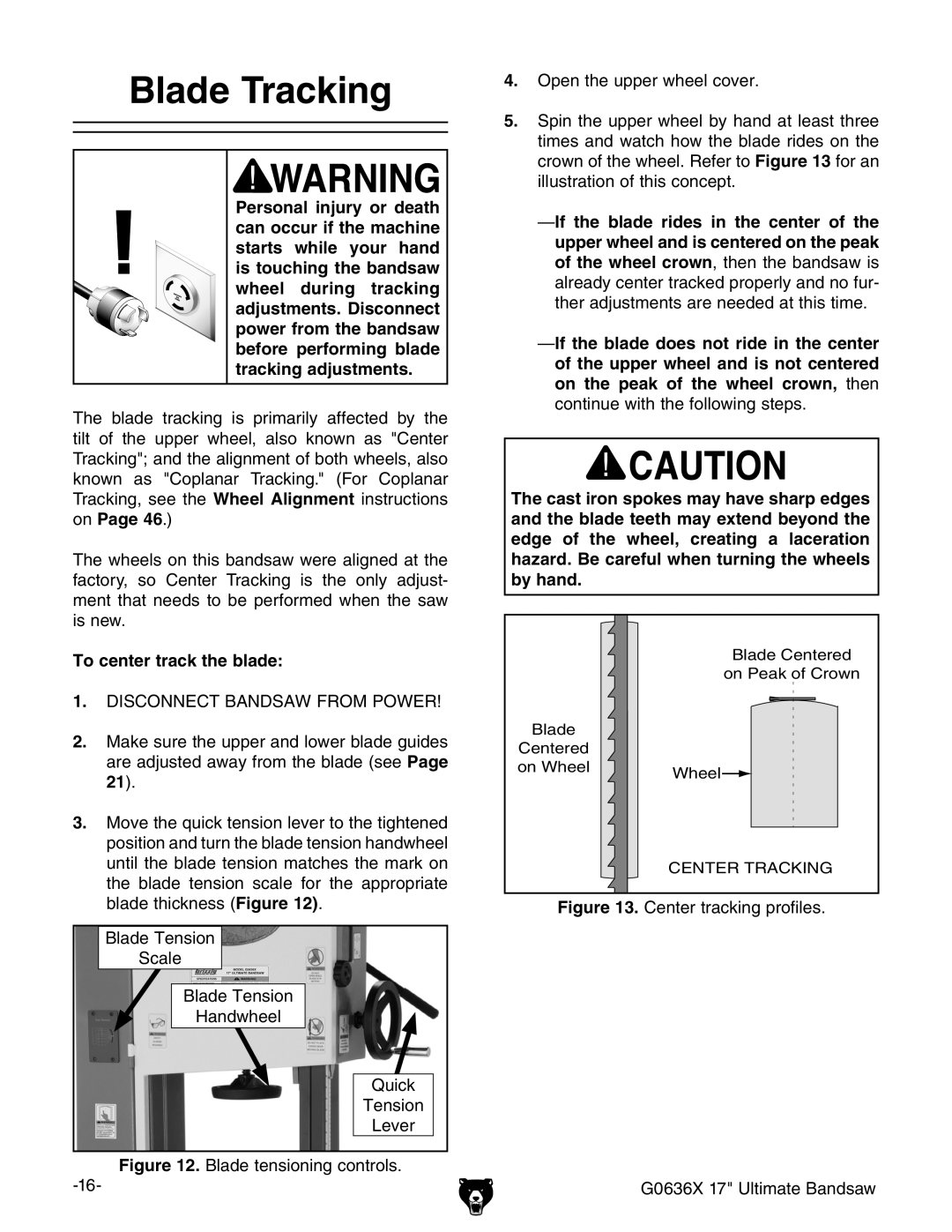 Grizzly G0636X owner manual Blade Tracking, To center track the blade 