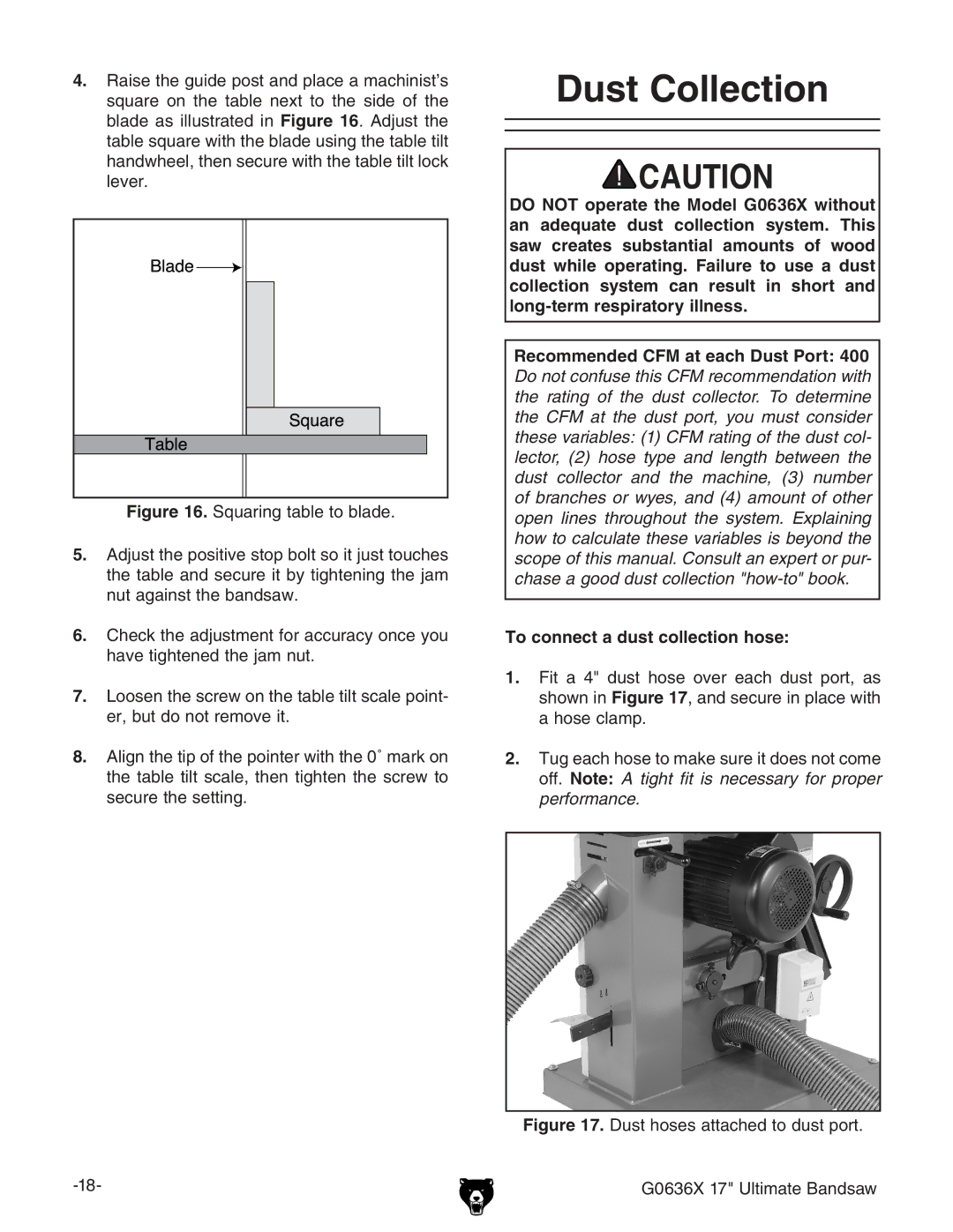 Grizzly G0636X owner manual Dust Collection, To connect a dust collection hose 