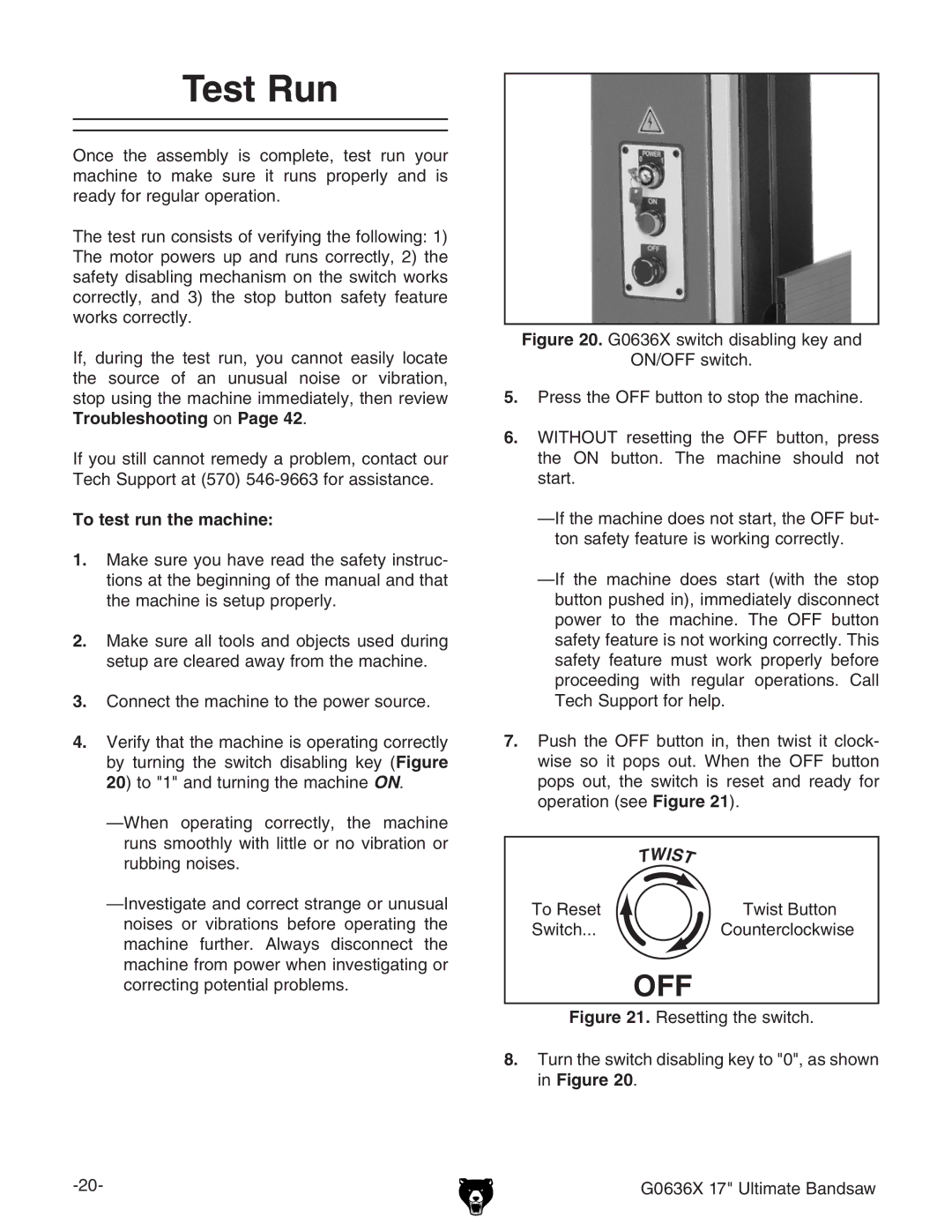 Grizzly G0636X owner manual Test Run, To test run the machine 