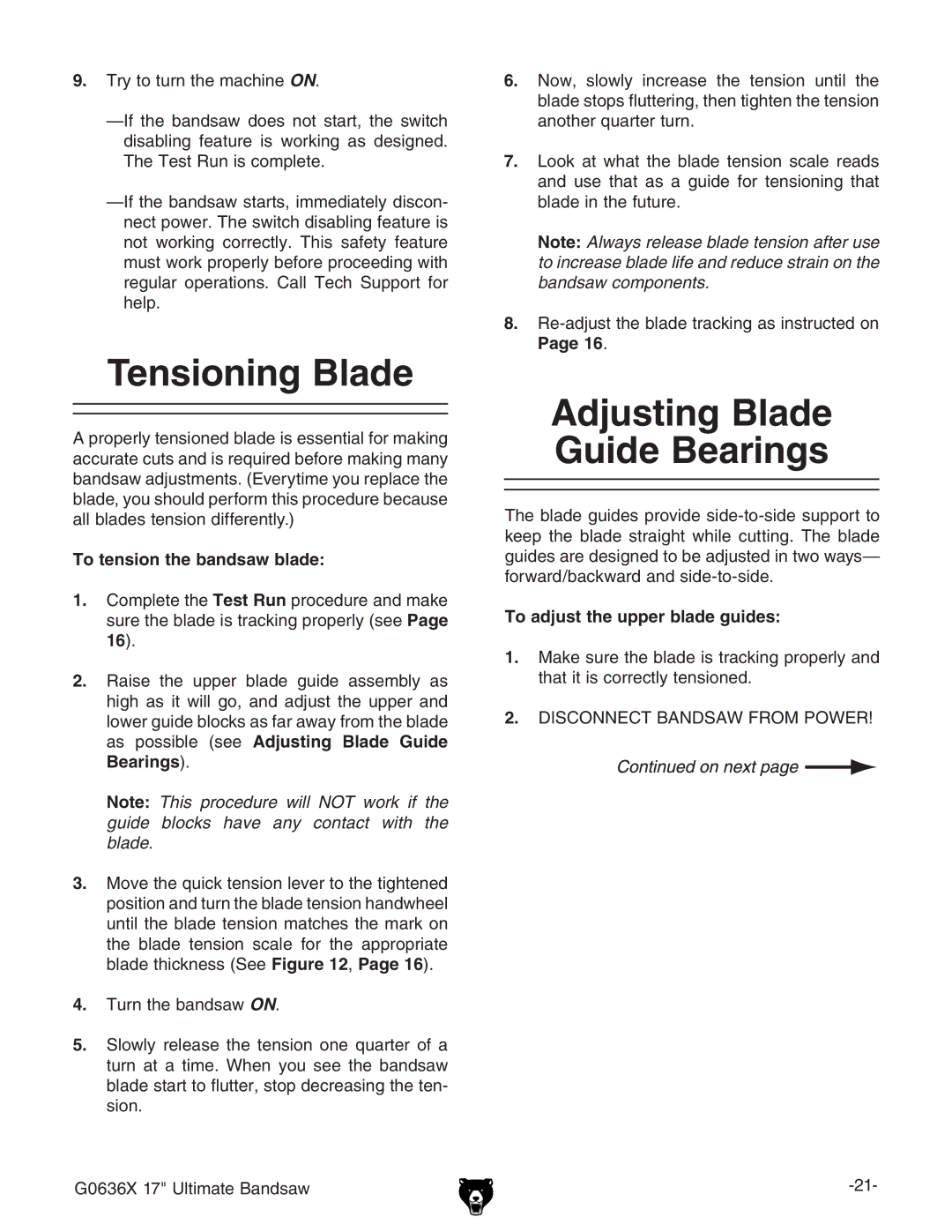 Grizzly G0636X owner manual Tensioning Blade, Adjusting Blade Guide Bearings, To tension the bandsaw blade 