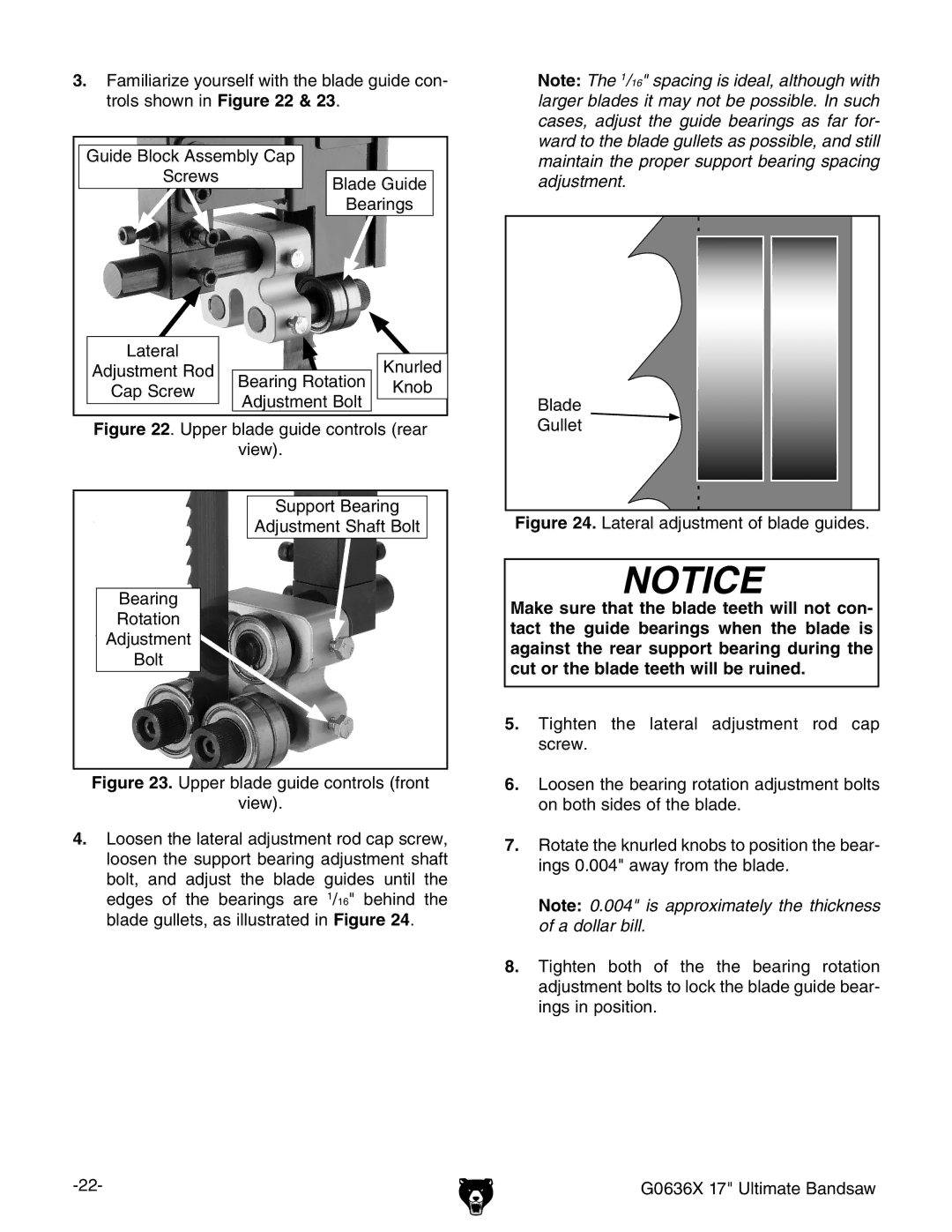 Grizzly G0636X owner manual Lateral adjustment of blade guides 