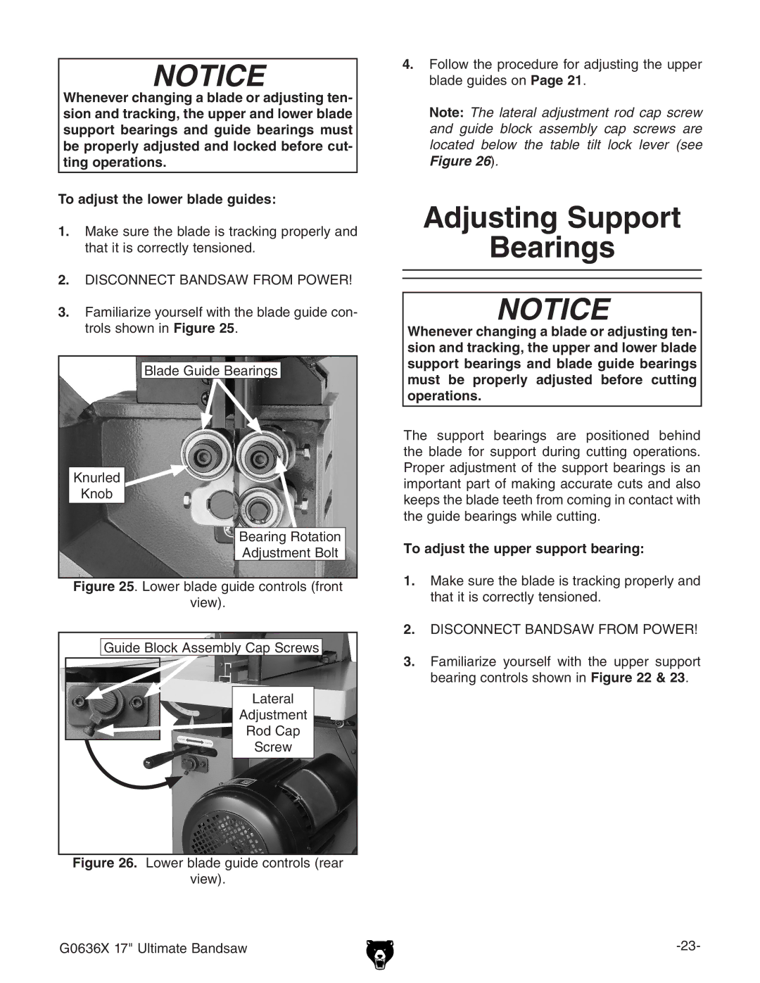 Grizzly G0636X owner manual Adjusting Support Bearings, To adjust the upper support bearing 