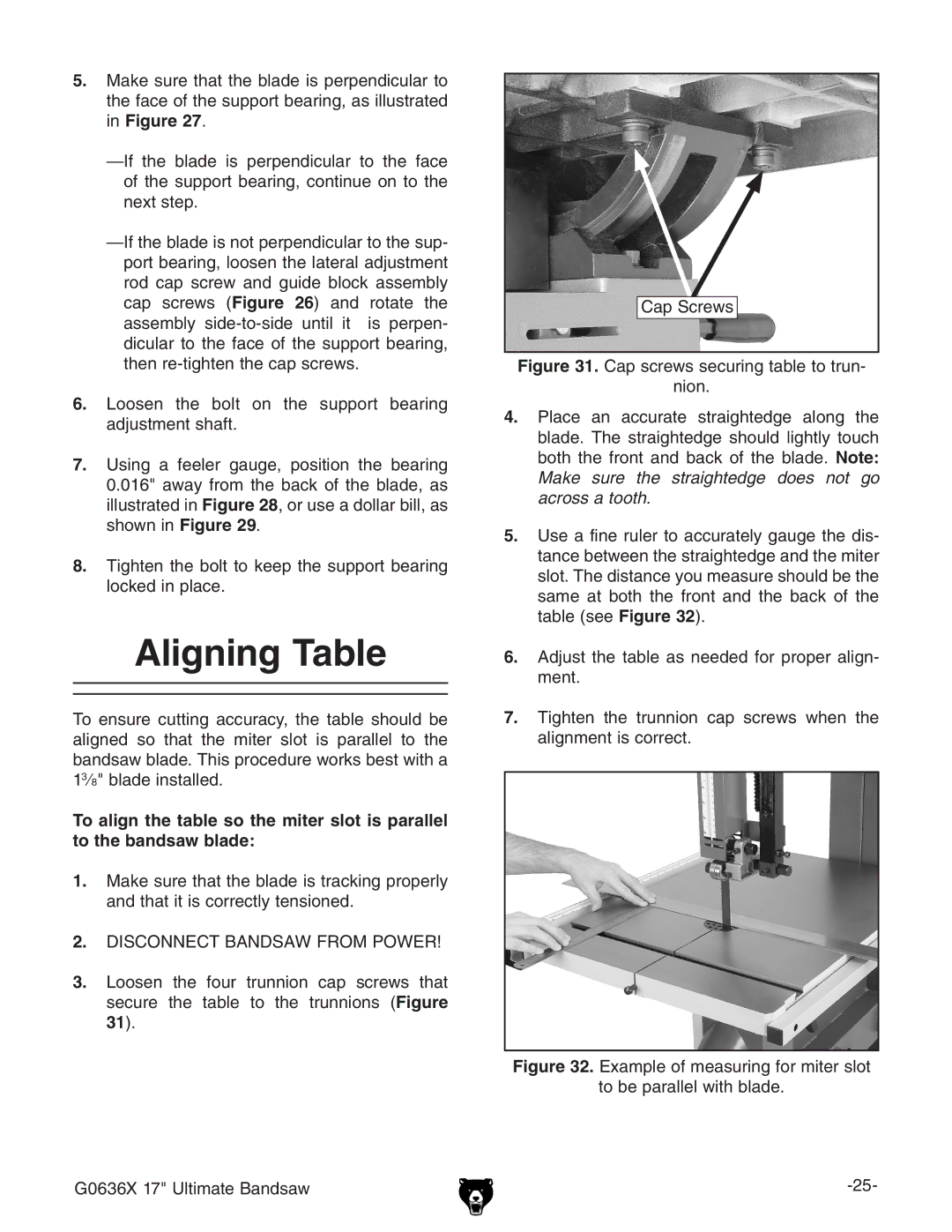 Grizzly G0636X owner manual Aligning Table 