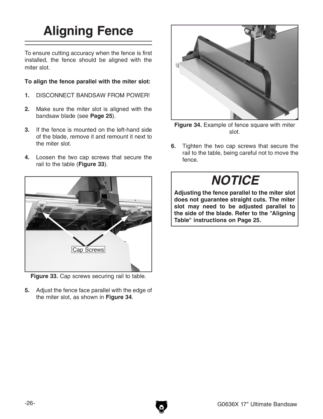 Grizzly G0636X owner manual Aligning Fence, To align the fence parallel with the miter slot 