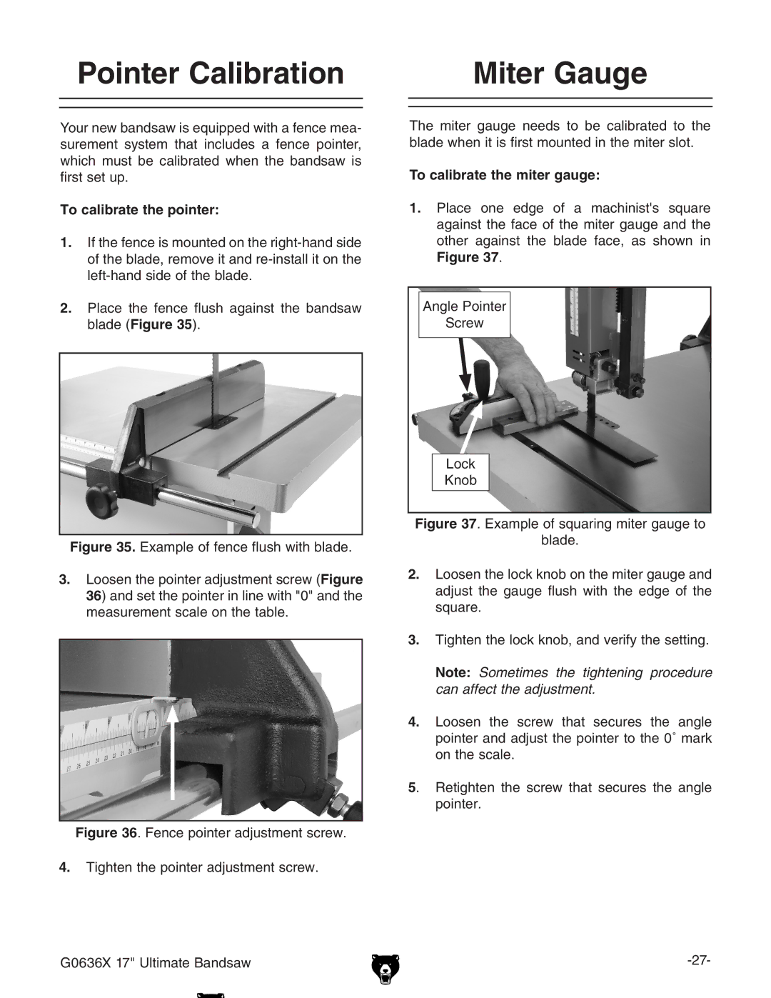 Grizzly G0636X owner manual Pointer Calibration, Miter Gauge, To calibrate the pointer, To calibrate the miter gauge 