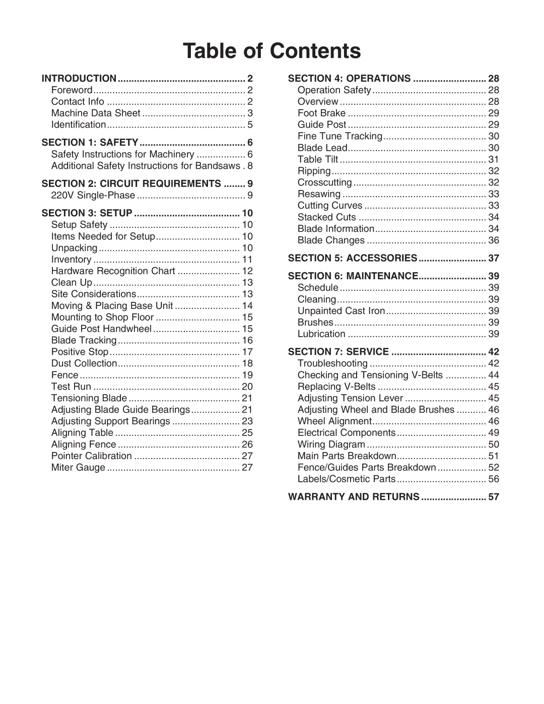 Grizzly G0636X owner manual Table of Contents 