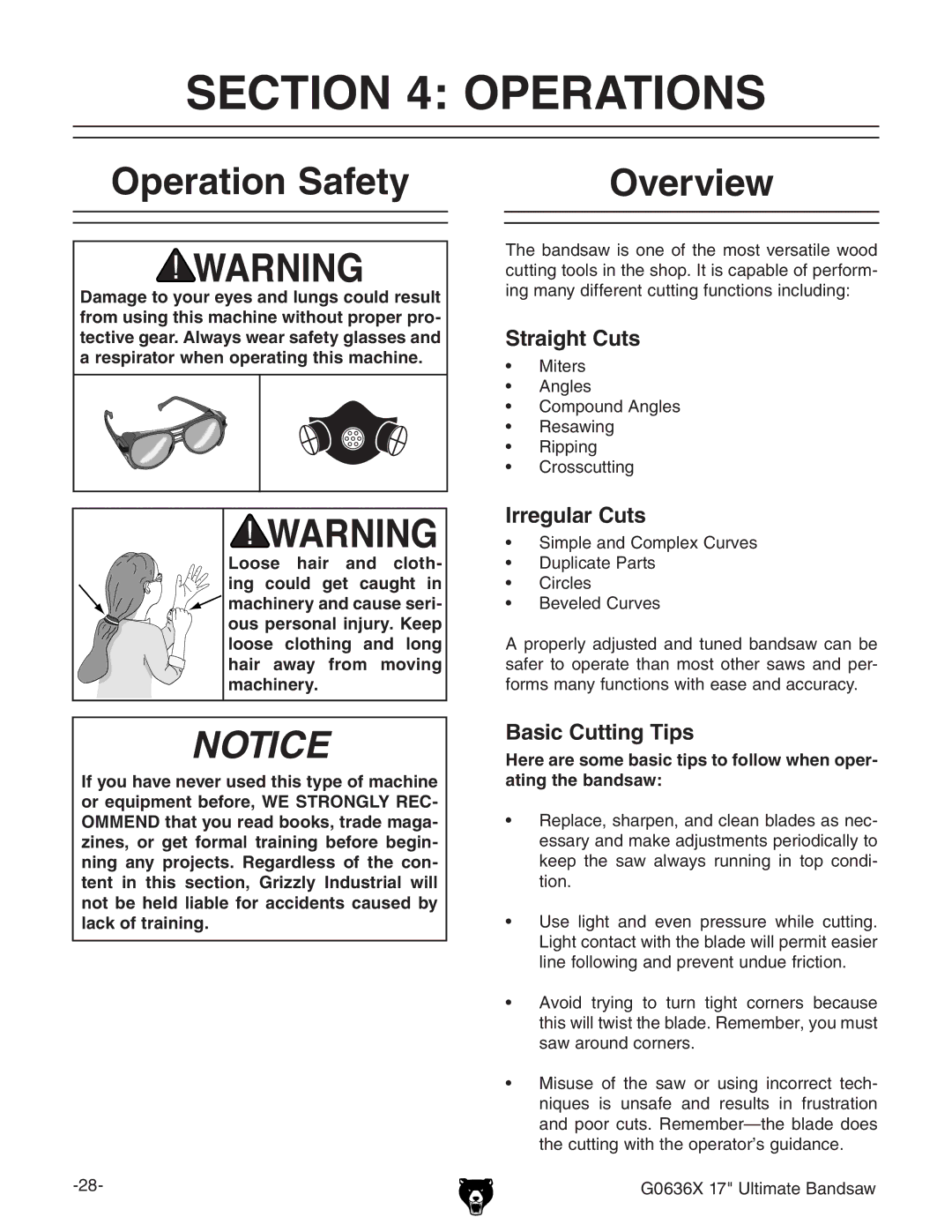 Grizzly G0636X owner manual Operations, Operation Safety, Overview 